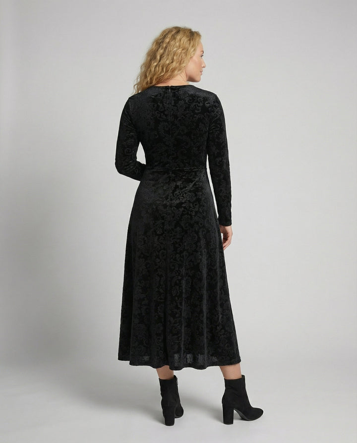 Velvet-Look V-Neck Long Sleeve Midi Dress