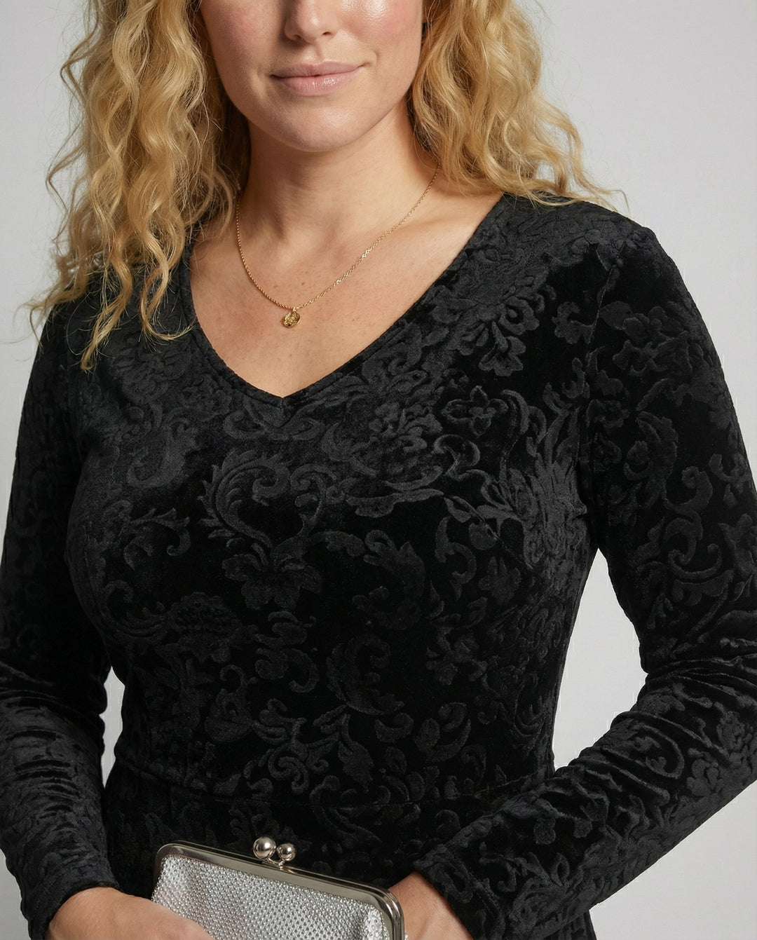 Velvet-Look V-Neck Long Sleeve Midi Dress