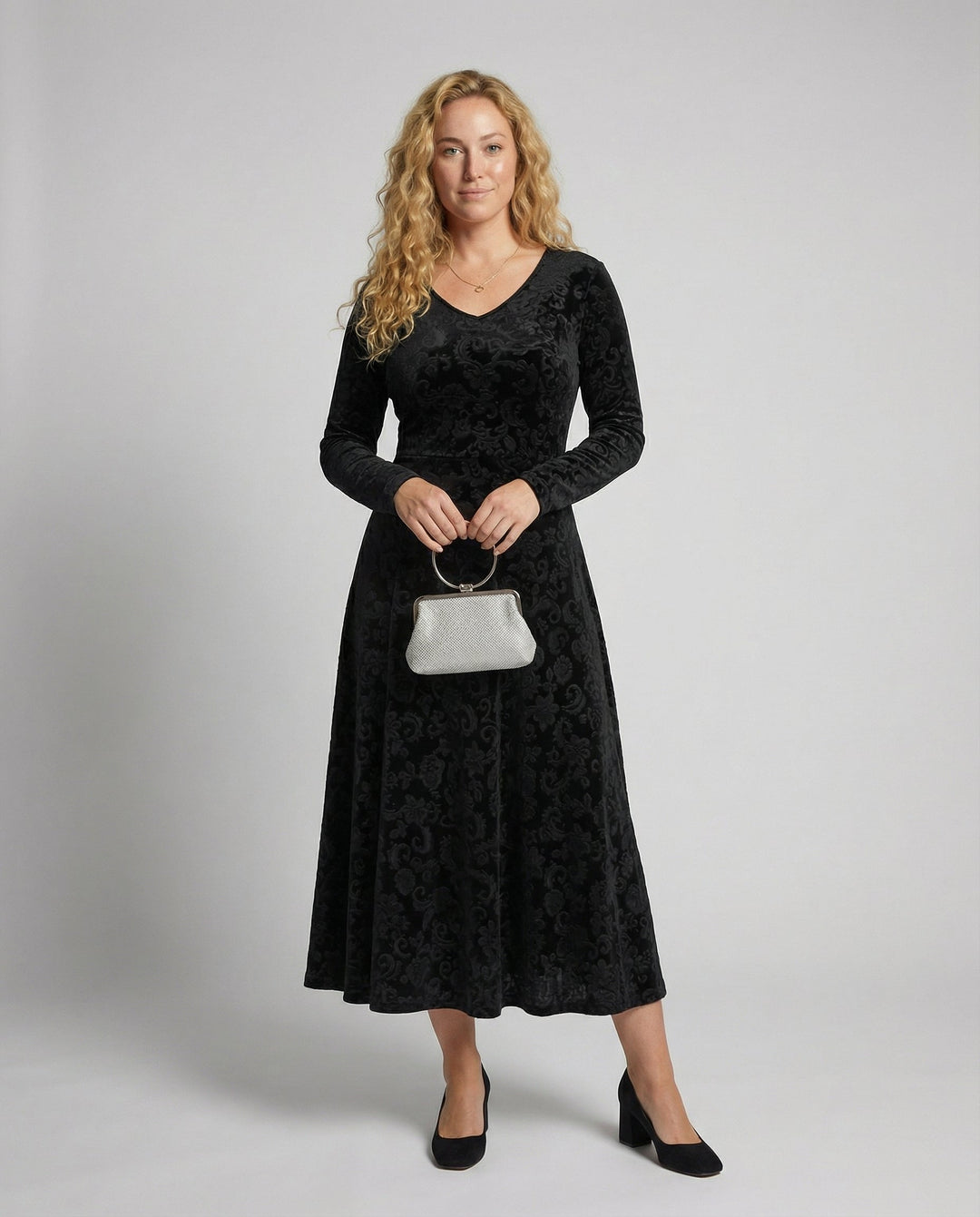 Velvet-Look V-Neck Long Sleeve Midi Dress