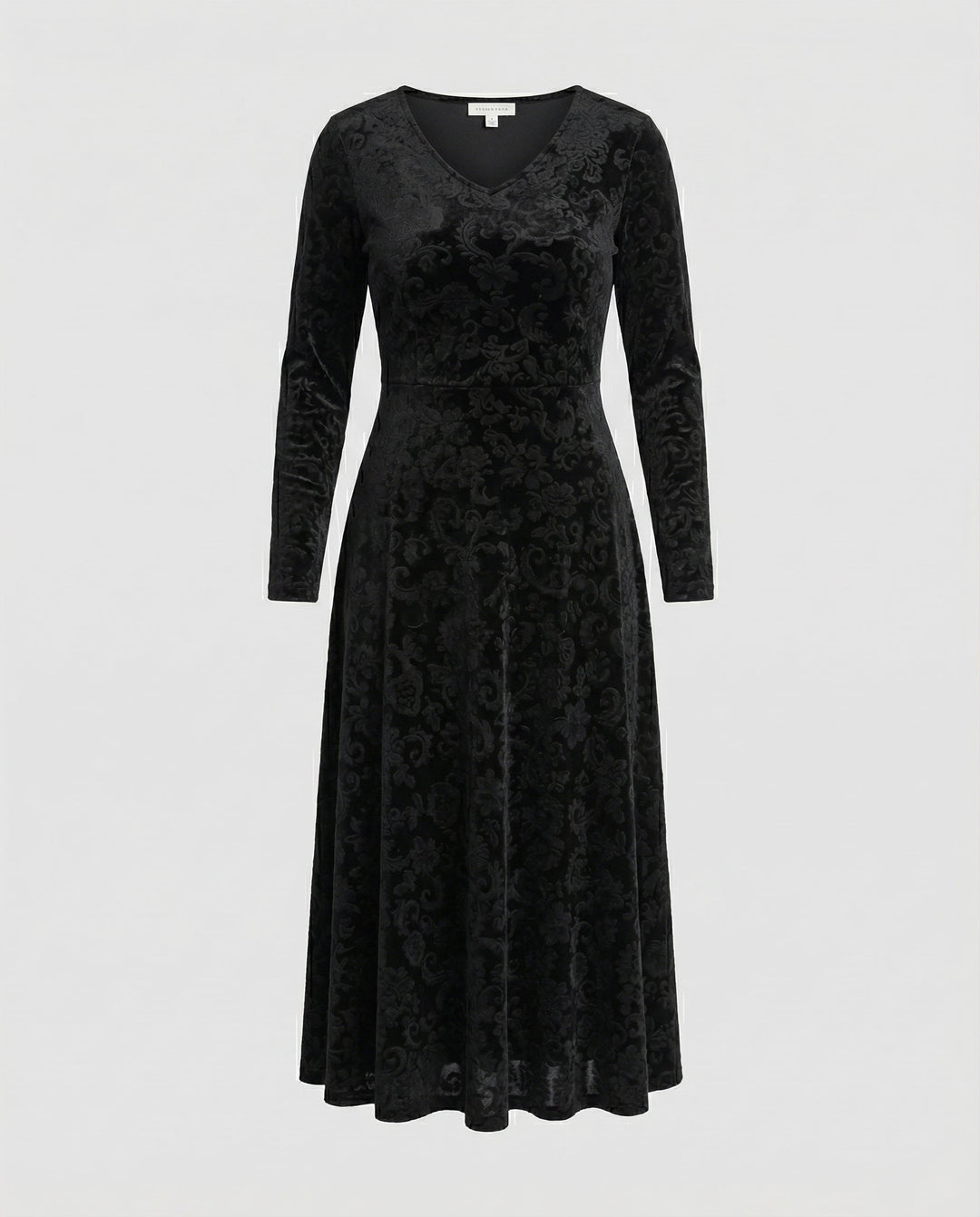 Velvet-Look V-Neck Long Sleeve Midi Dress