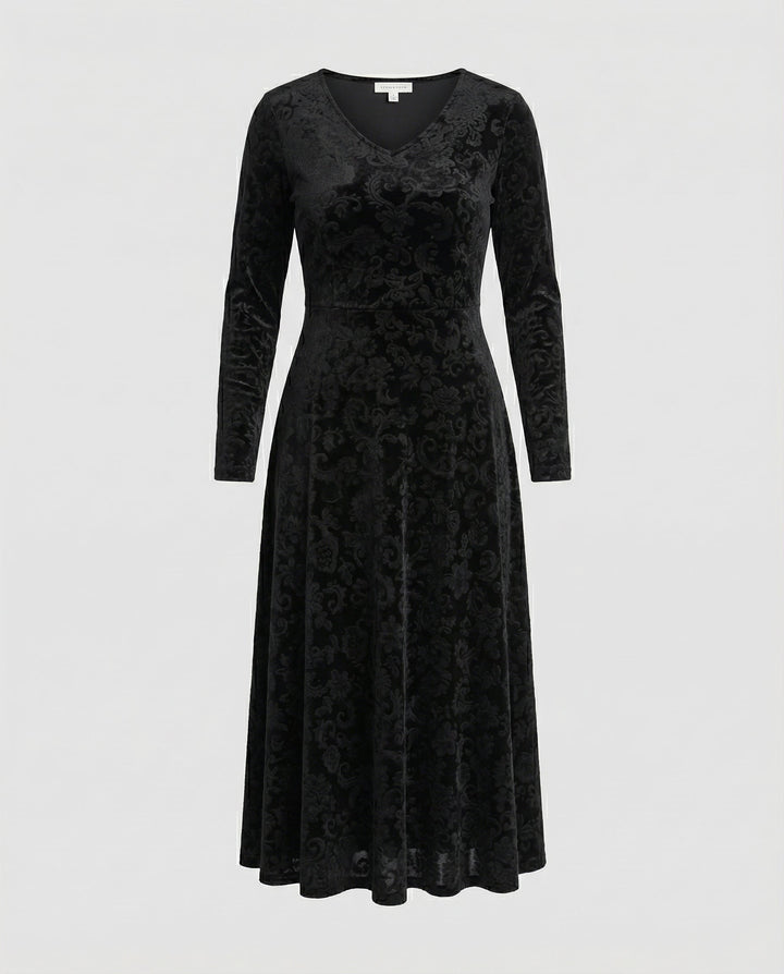 Velvet-Look V-Neck Long Sleeve Midi Dress