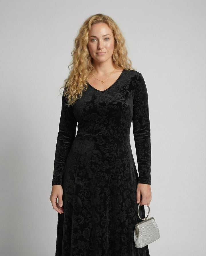 Velvet-Look V-Neck Long Sleeve Midi Dress