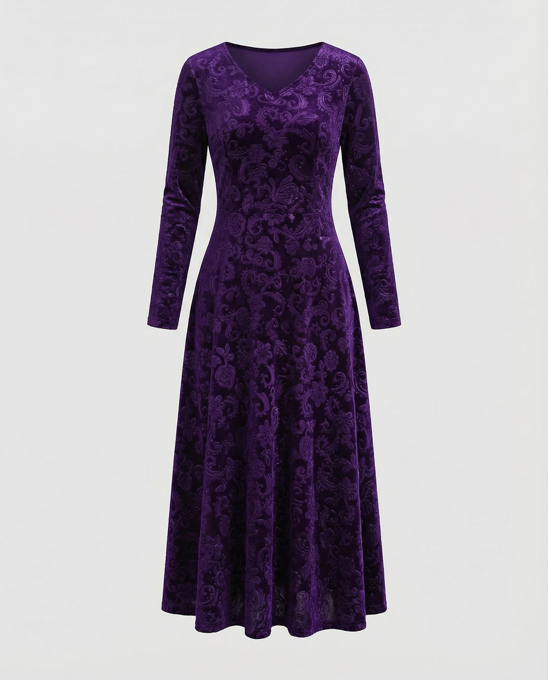 Velvet-Look V-Neck Long Sleeve Midi Dress