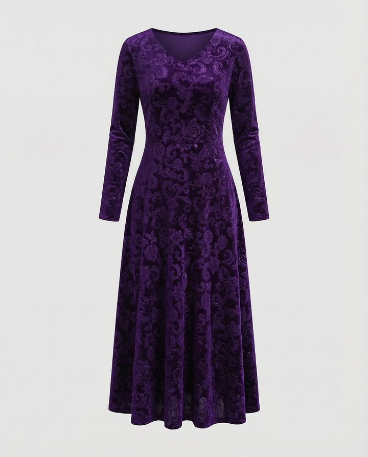 Velvet-Look V-Neck Long Sleeve Midi Dress