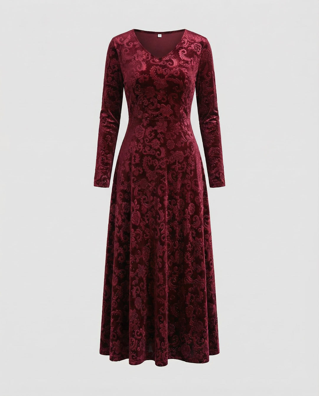 Velvet-Look V-Neck Long Sleeve Midi Dress