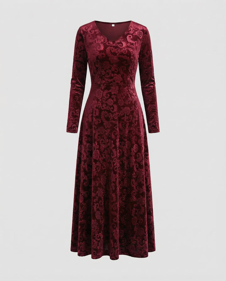 Velvet-Look V-Neck Long Sleeve Midi Dress