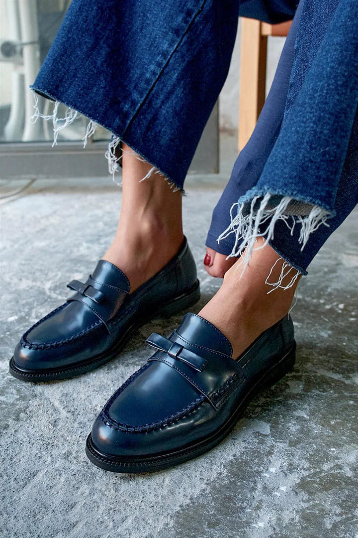 Loafers Patchwork Navy Blue Round Toe in Solid Color with Bow