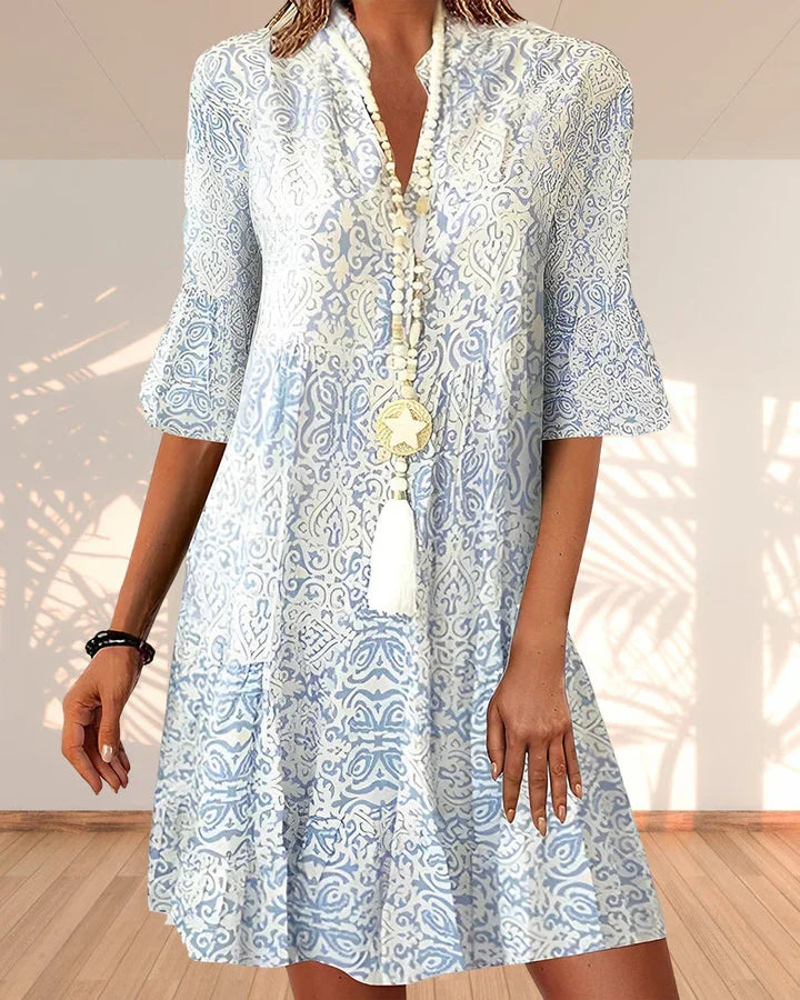 Ornate Print V-Neck A-Line Dress