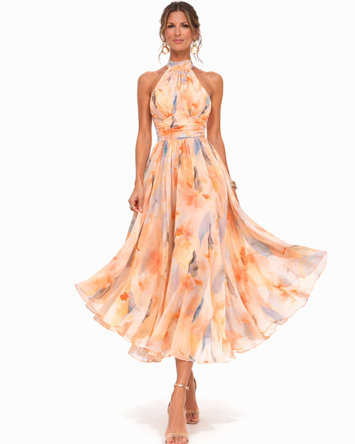 Aurora | Vestido com decote halter e estampado aguarela