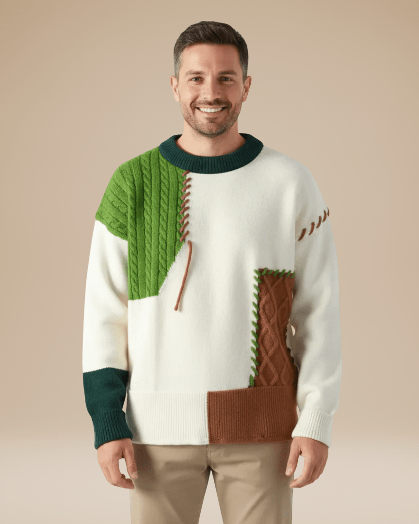 Pull torsadé patchwork pour homme | Mélange de laine et empiècements en losange