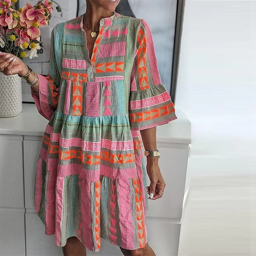 Geometric Print Mini Dress with 3/4 Sleeves