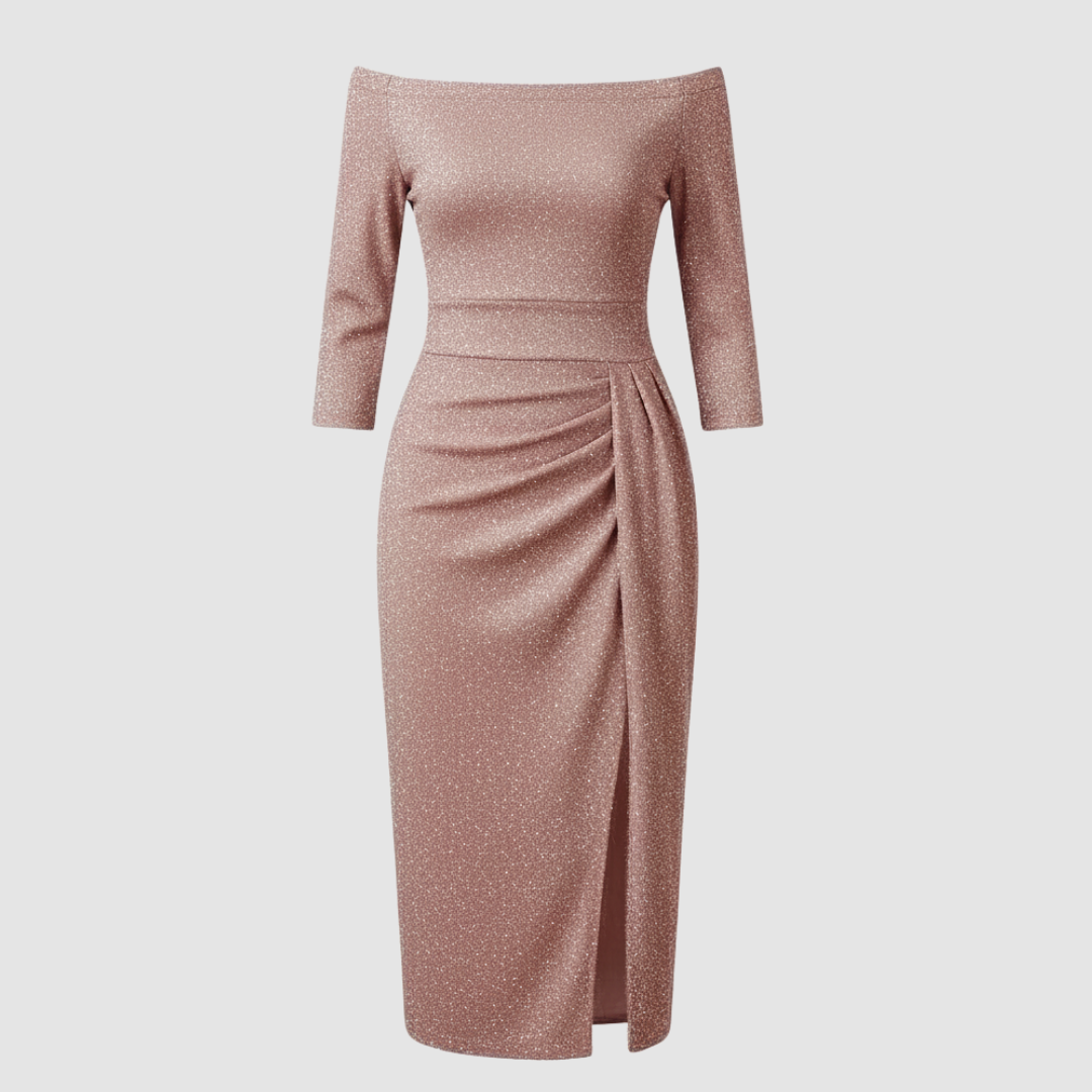 Off-Shoulder Satin-Look Midi Dress With Slit