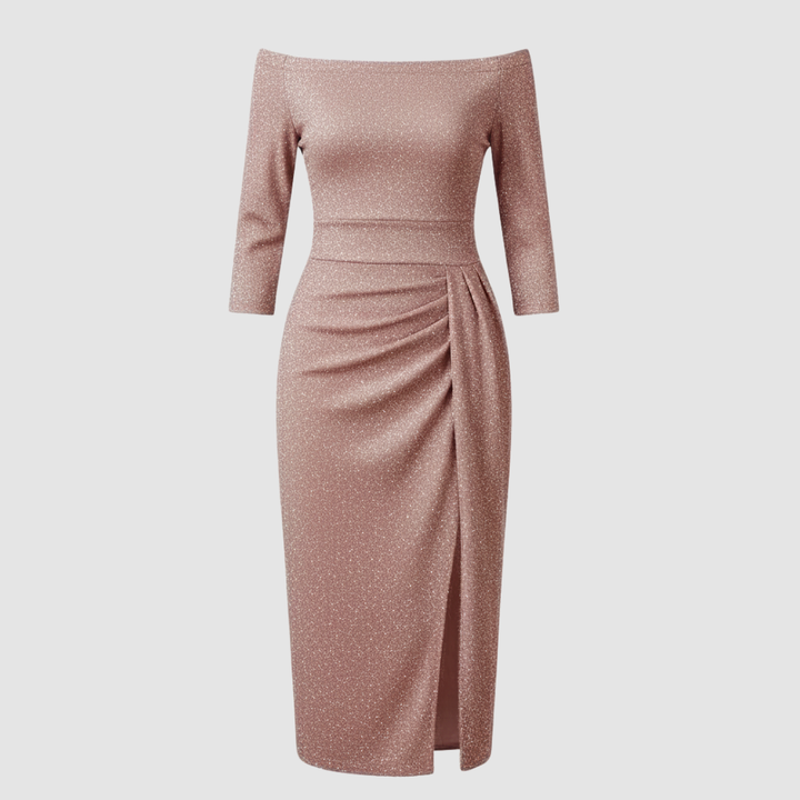 Off-Shoulder Satin-Look Midi Dress With Slit