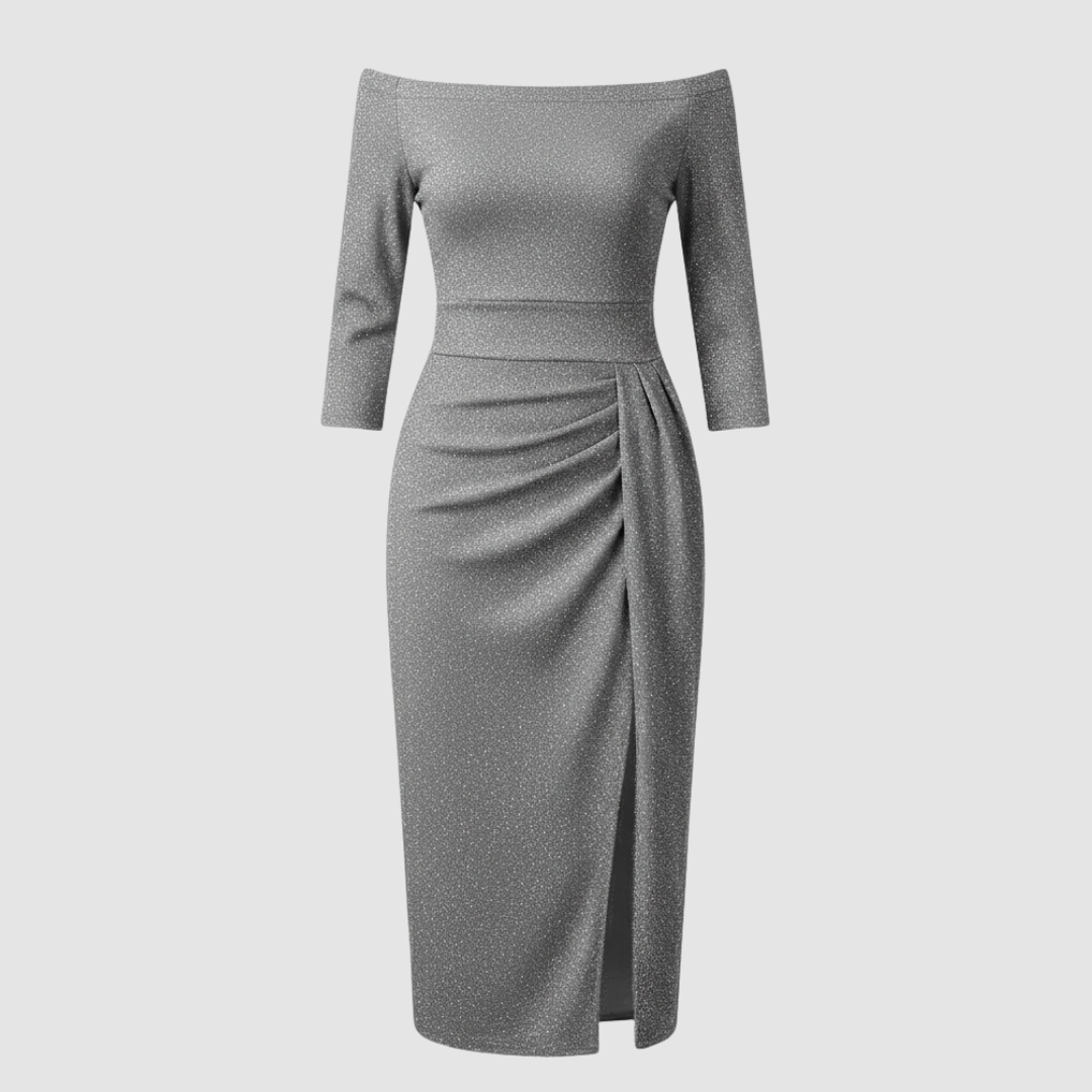 Off-Shoulder Satin-Look Midi Dress With Slit