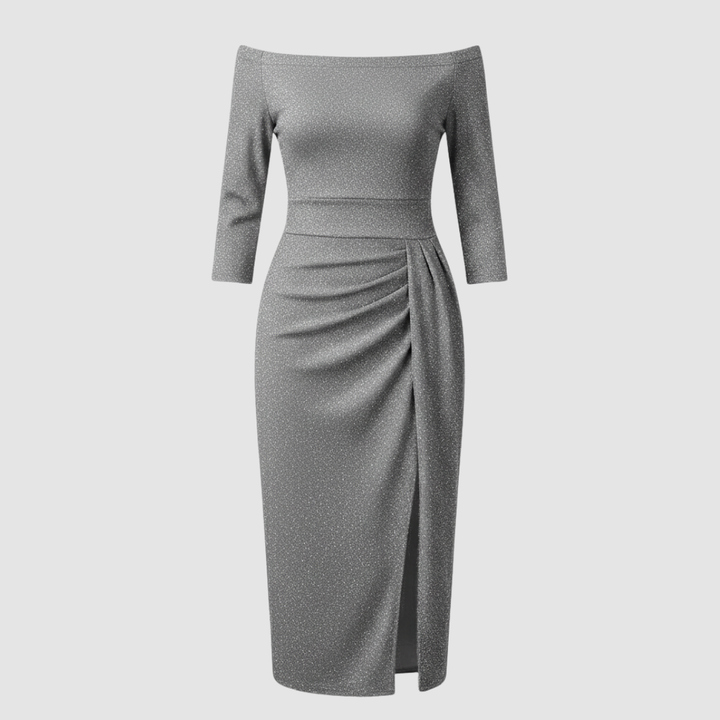 Off-Shoulder Satin-Look Midi Dress With Slit