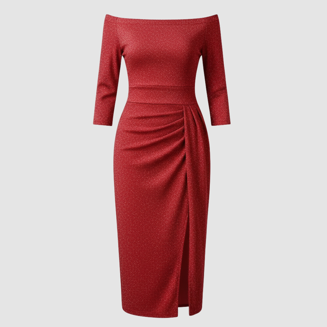 Off-Shoulder Satin-Look Midi Dress With Slit
