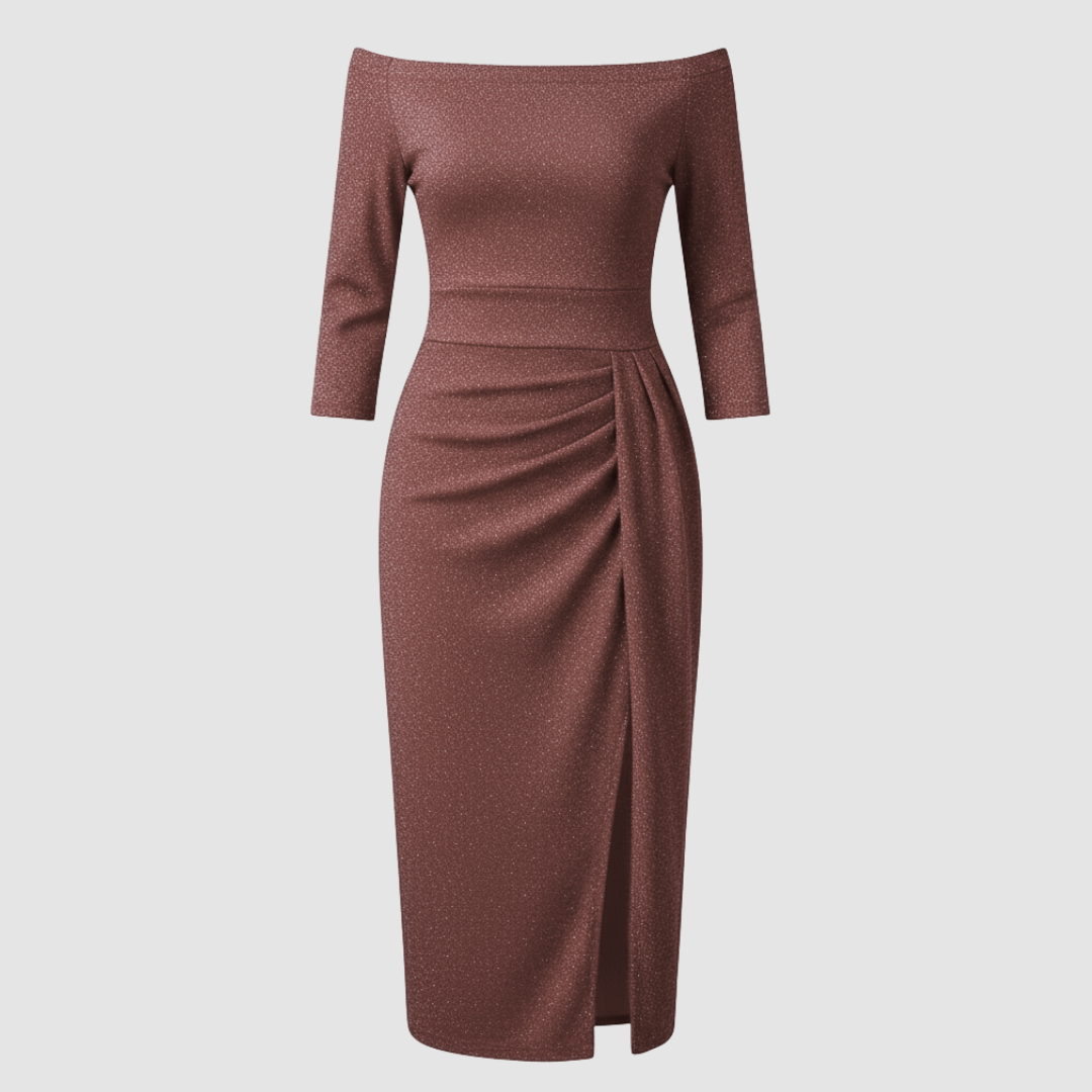 Off-Shoulder Satin-Look Midi Dress With Slit