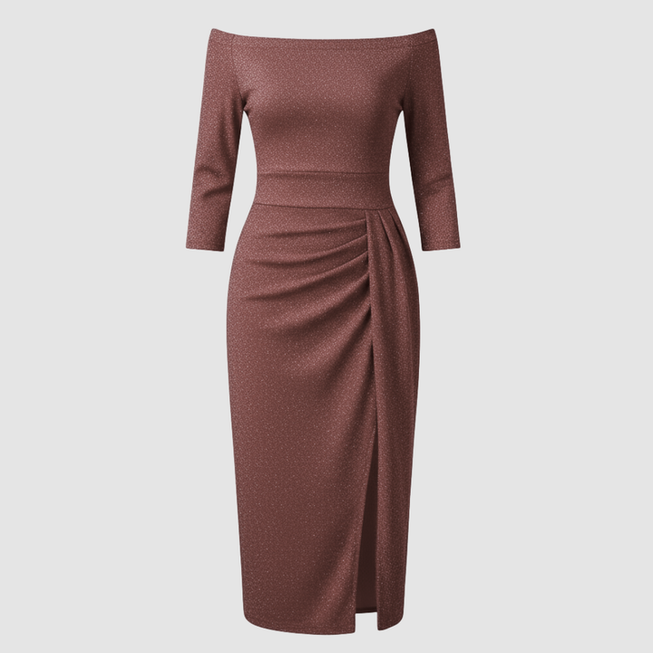 Off-Shoulder Satin-Look Midi Dress With Slit
