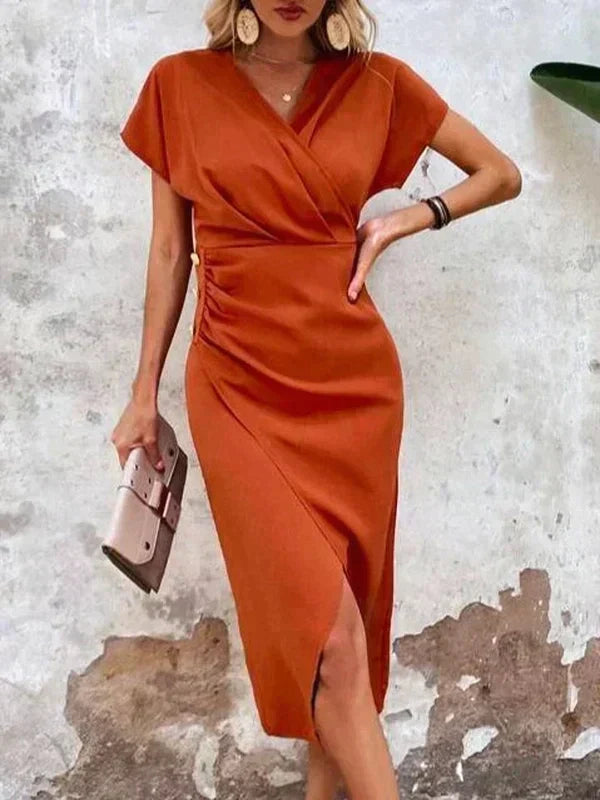 Orange V-Neck Wrap Midi Dress with Slit