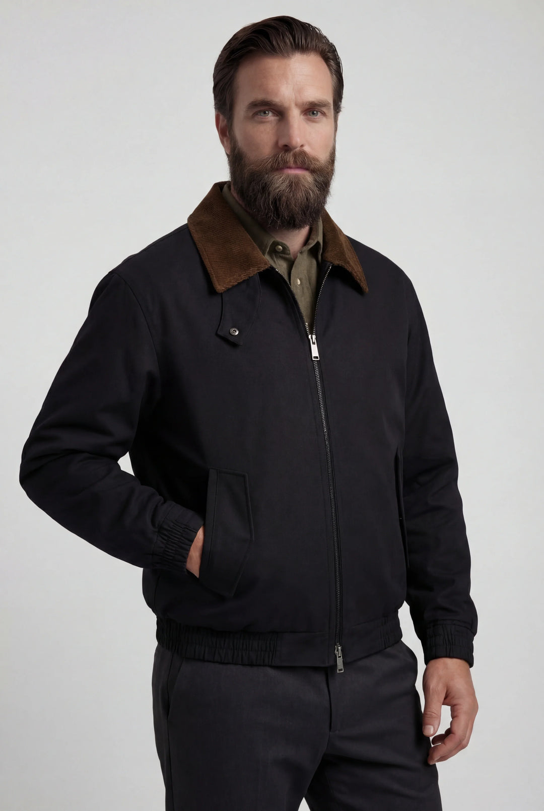 Giacca utility corta nera da uomo | Colletto in velluto e stile casual