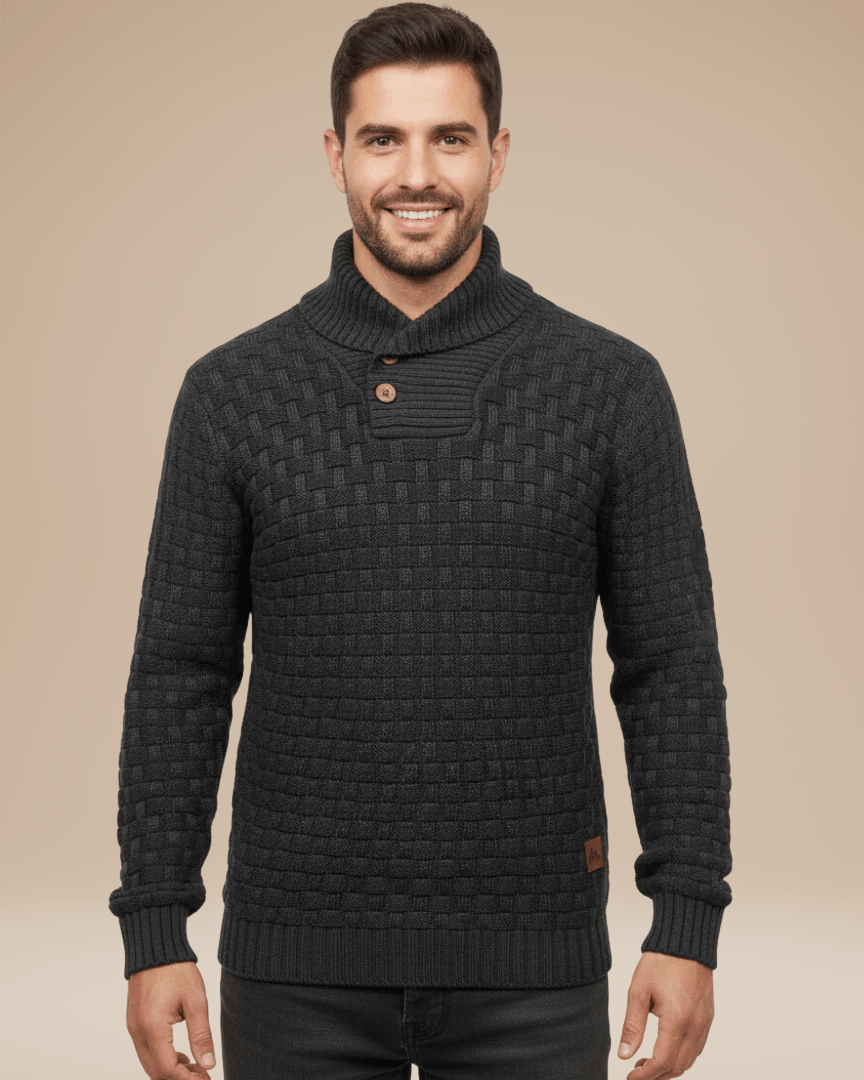 Camisola para homem com gola xale e botões | Estrutura em cesta e fio quente
