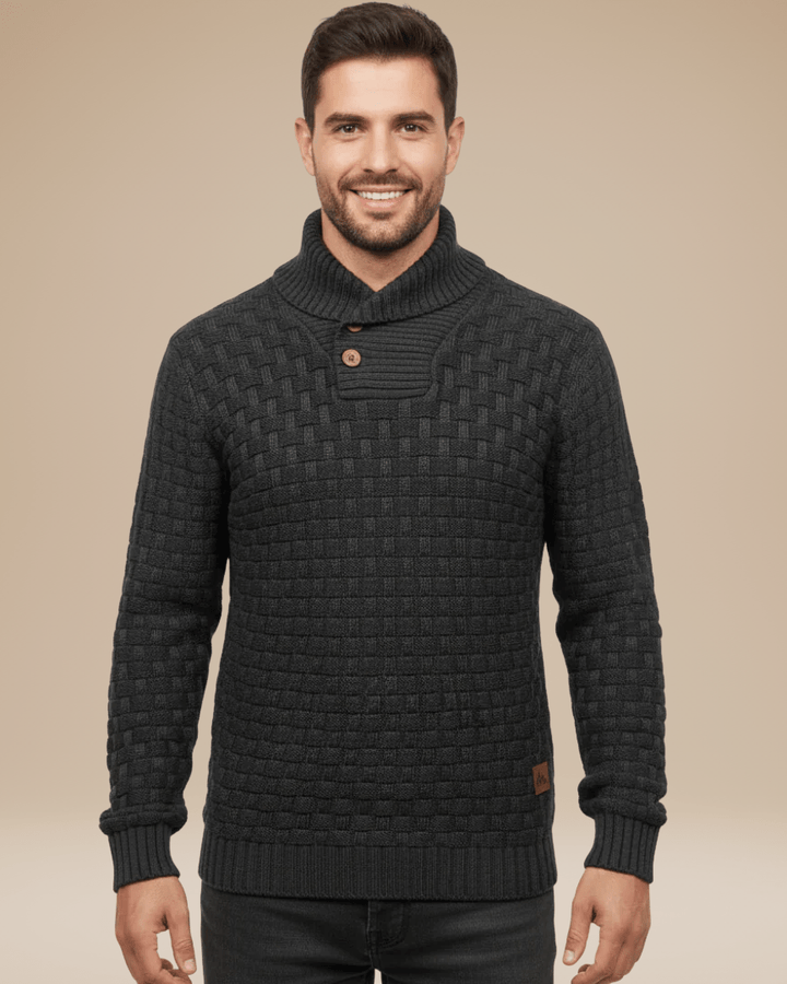 Camisola para homem com gola xale e botões | Estrutura em cesta e fio quente