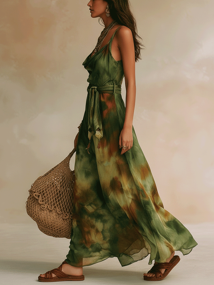 Elira | Vestido largo verde con estampado abstracto