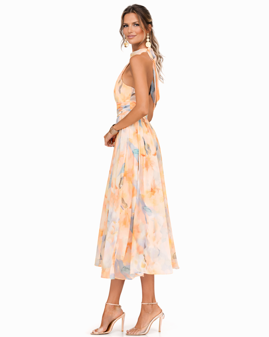Aurora | Vestido com decote halter e estampado aguarela