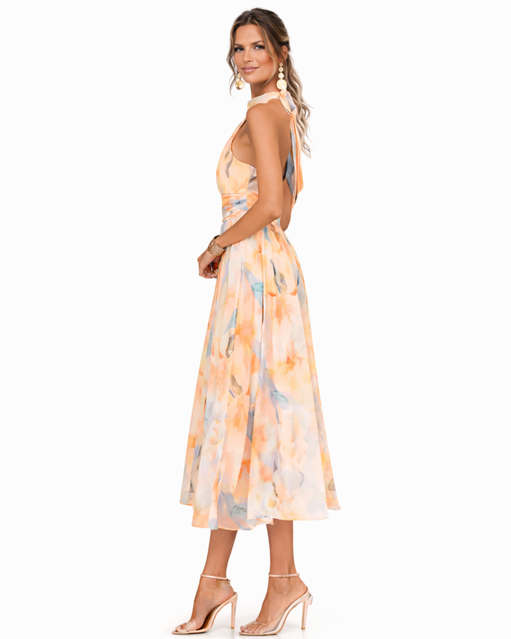 Aurora | Vestido com decote halter e estampado aguarela