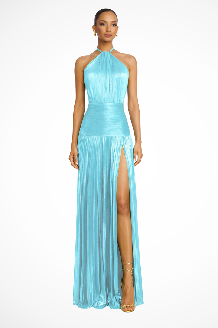 Abito Elegante Oro con Collo Halter