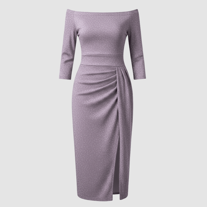 Off-Shoulder Satin-Look Midi Dress With Slit
