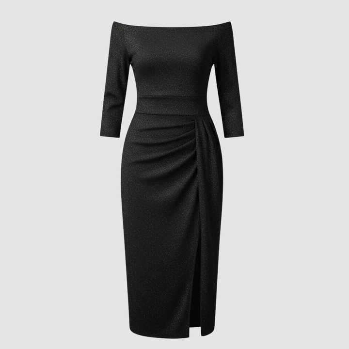 Off-Shoulder Satin-Look Midi Dress With Slit