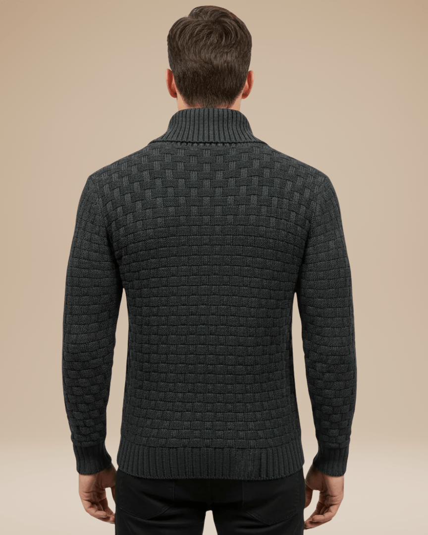 Camisola para homem com gola xale e botões | Estrutura em cesta e fio quente