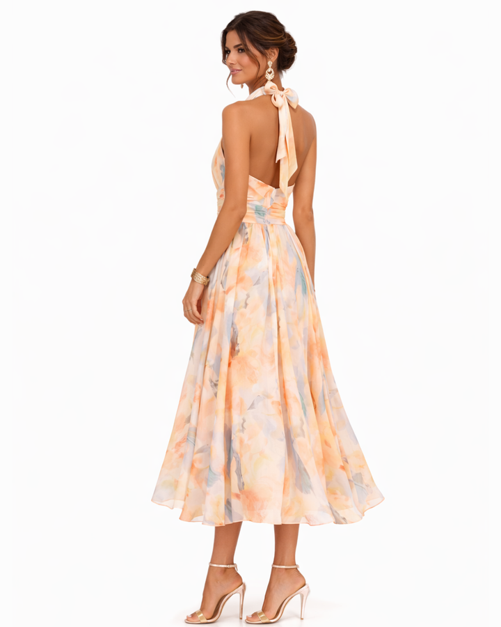Aurora | Vestido com decote halter e estampado aguarela