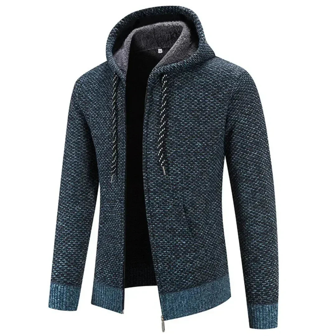 Camisola masculina de malha texturada com capuz e fecho de correr integral