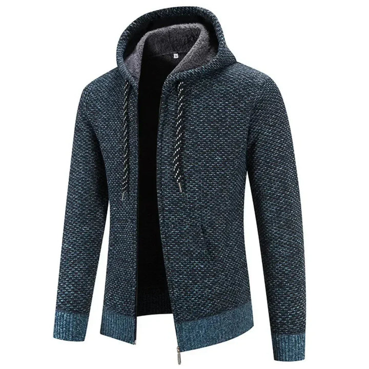 Camisola masculina de malha texturada com capuz e fecho de correr integral