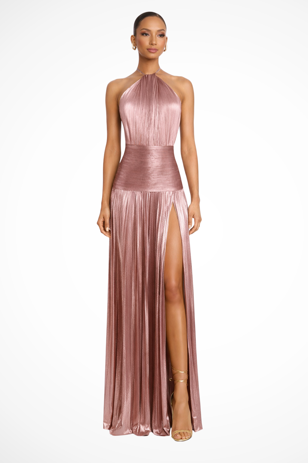 Abito Elegante Oro con Collo Halter