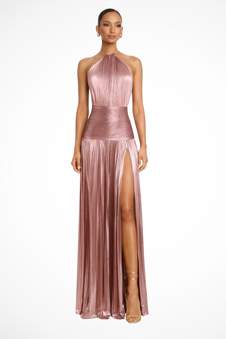 Abito Elegante Oro con Collo Halter