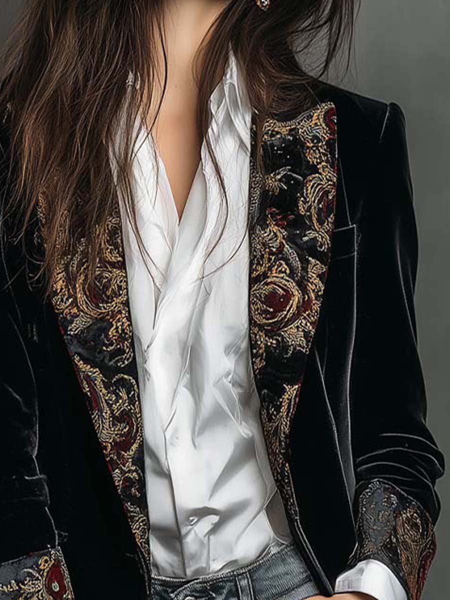 Julie | Blazer long effet velours avec bordure ornementale