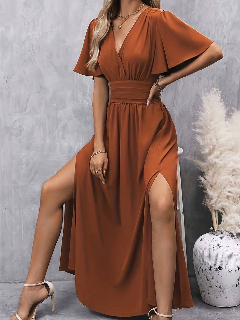 V-Neck Maxi Dress with Flutter Sleeves and Slit