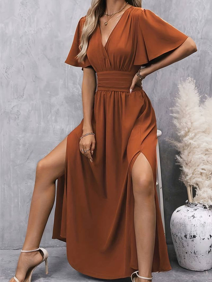 V-Neck Maxi Dress with Flutter Sleeves and Slit