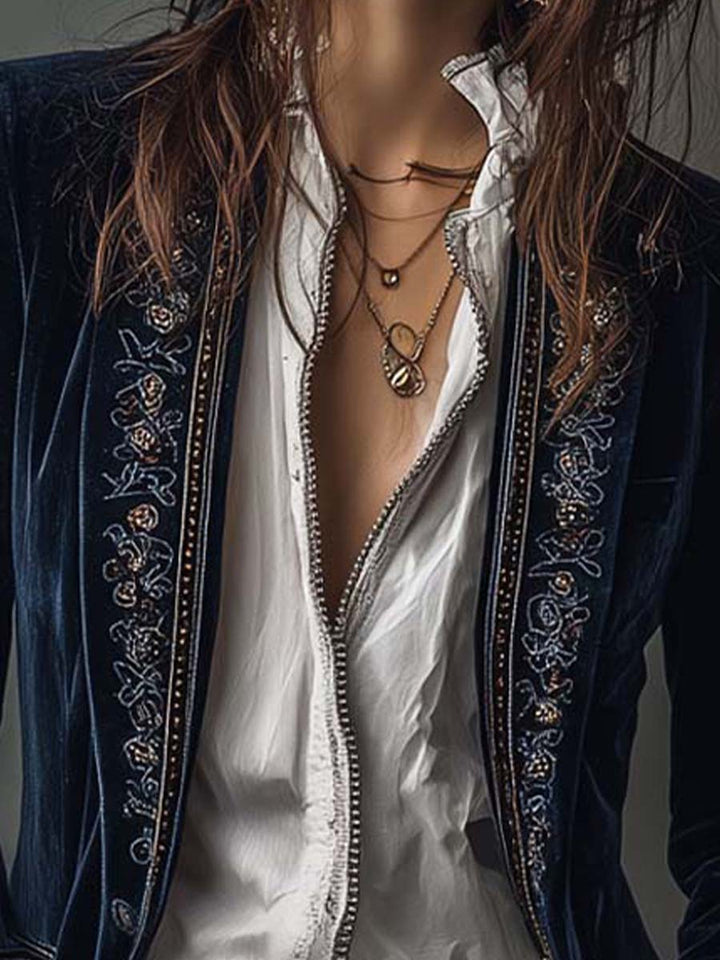 Nathalie | Chaqueta larga de terciopelo con bordes estampados