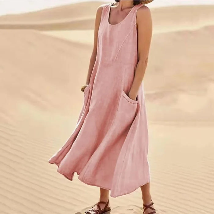 Sleeveless Scoop Neck Midi Dress with Pockets