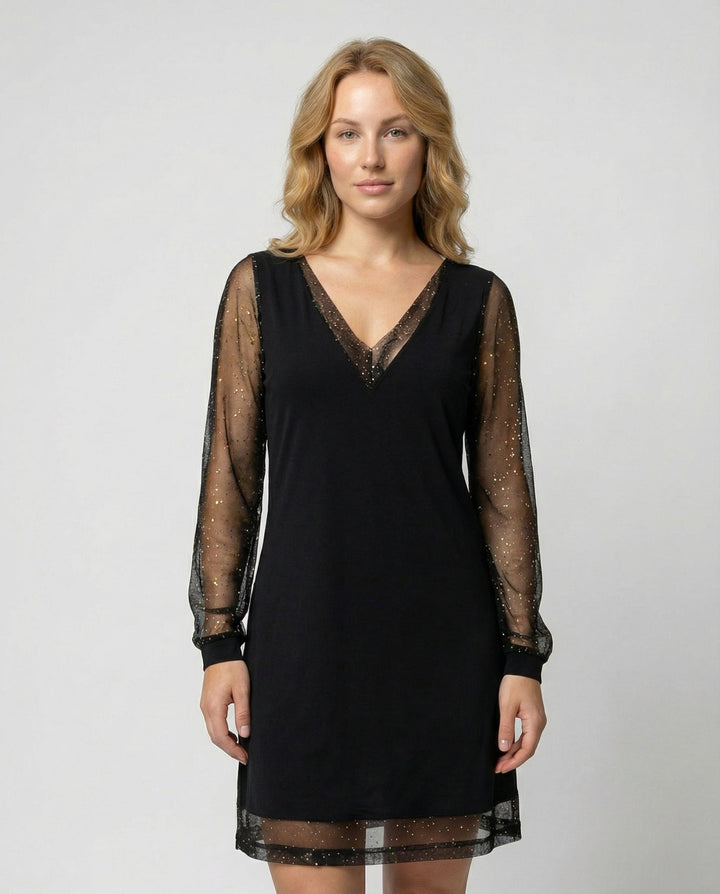 V-Neck Sheer Sleeve Evening Dress