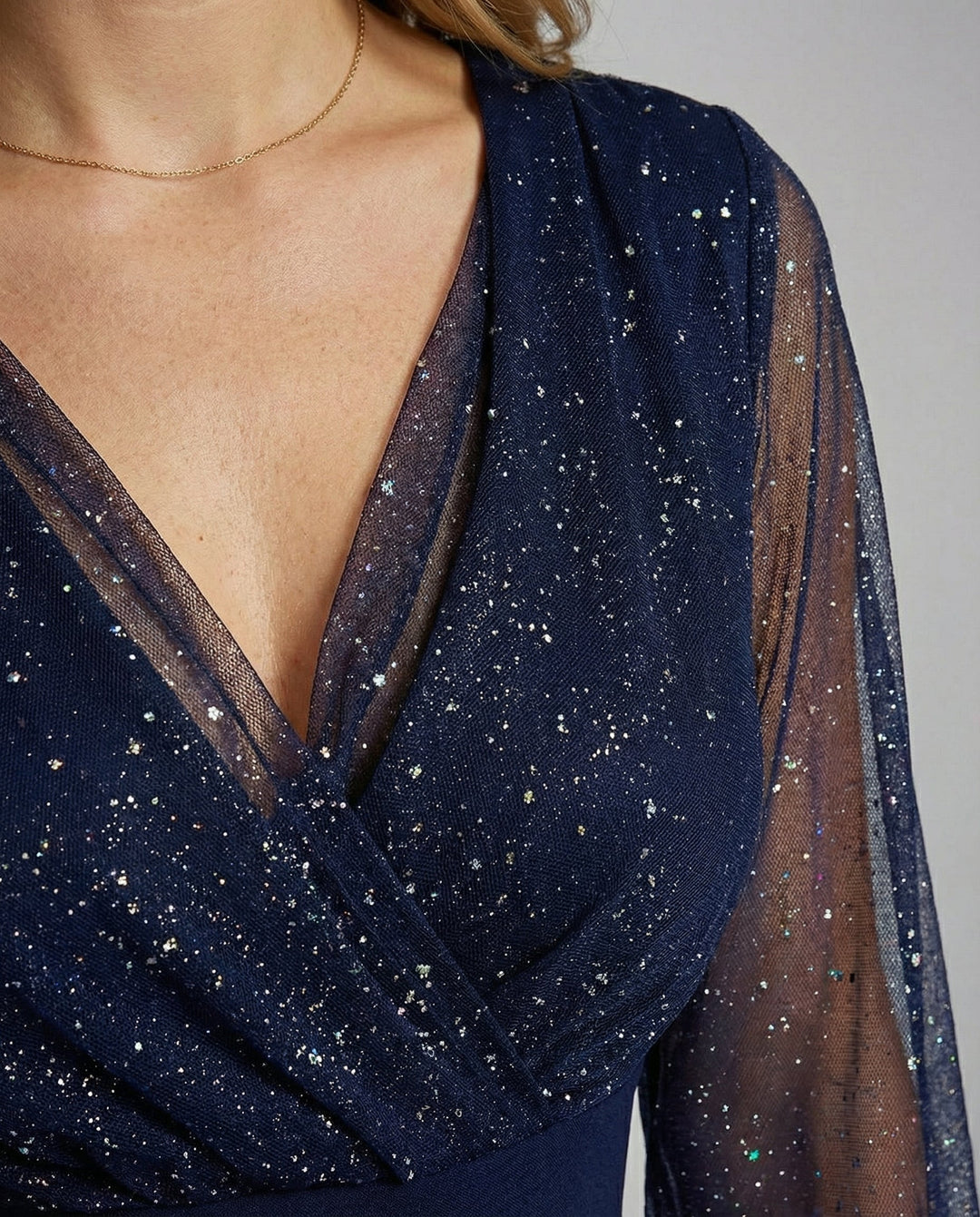 Sequin V-Neck Dress With Sheer Long Sleeves