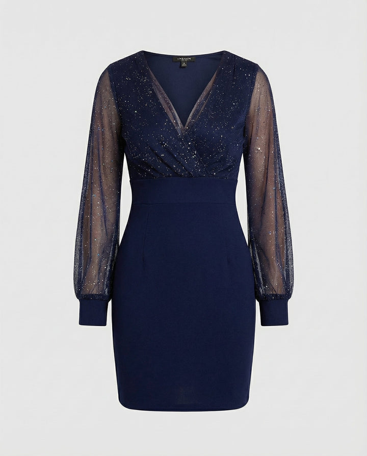 Sequin V-Neck Dress With Sheer Long Sleeves