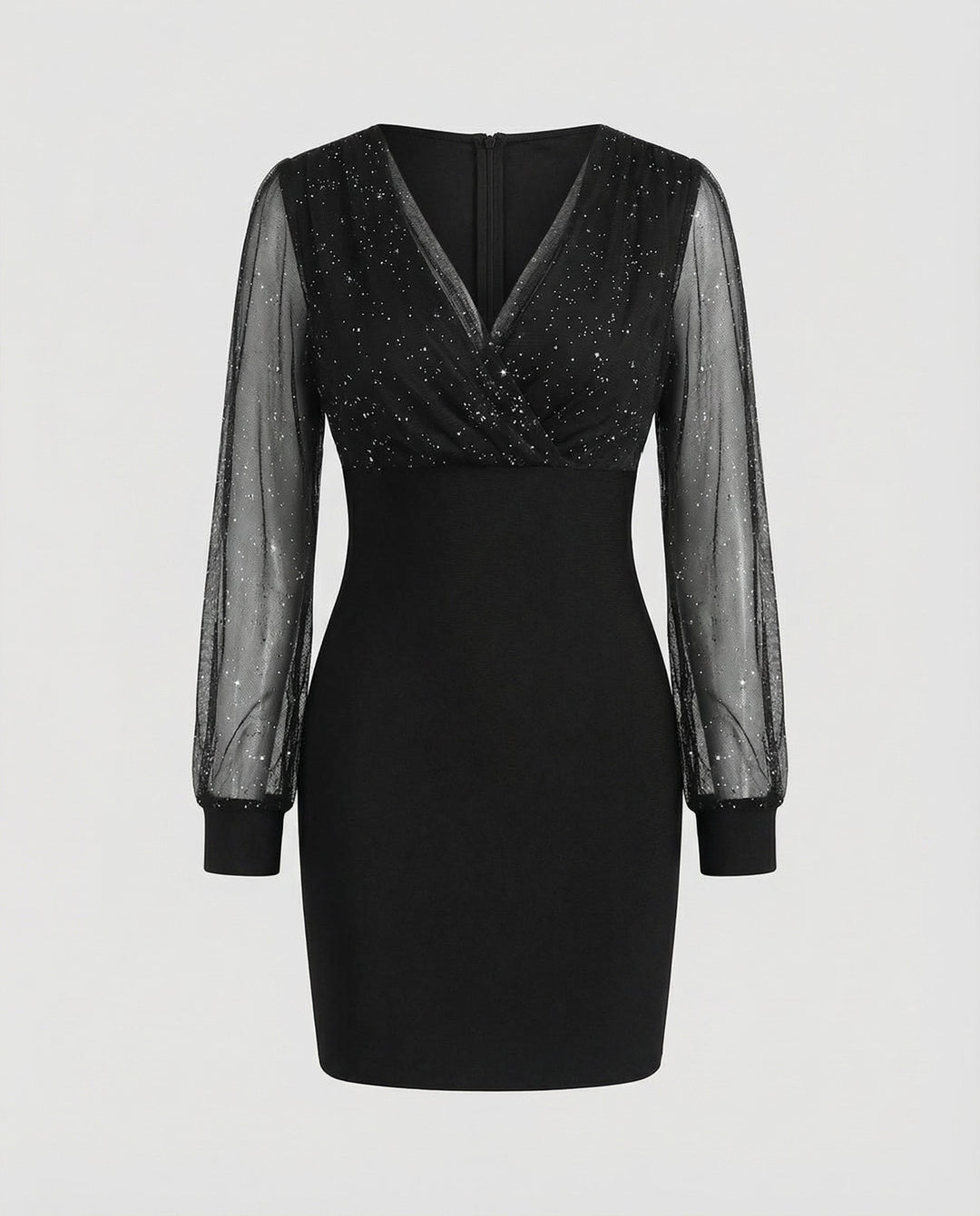 Sequin V-Neck Dress With Sheer Long Sleeves