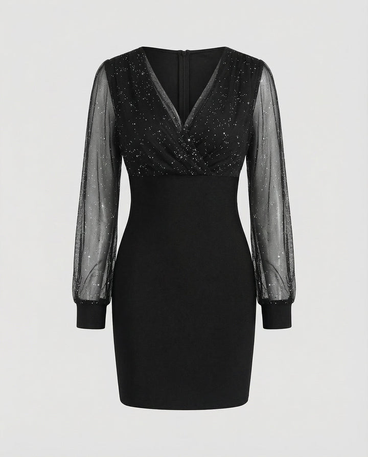 Sequin V-Neck Dress With Sheer Long Sleeves
