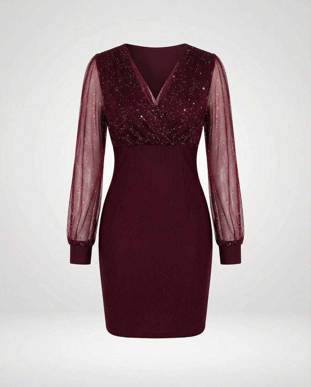 Sequin V-Neck Dress With Sheer Long Sleeves