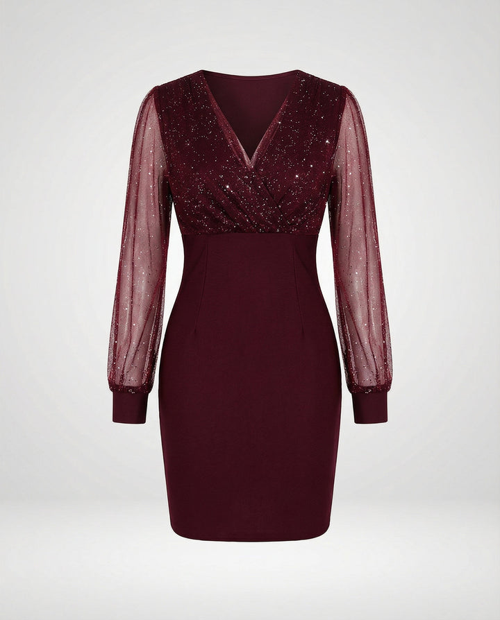 Sequin V-Neck Dress With Sheer Long Sleeves